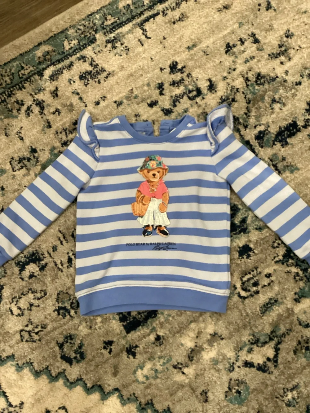 Ralph Lauren Blue and White Striped Polo Bear One-Piece